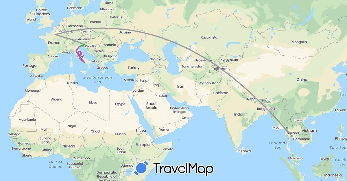 TravelMap itinerary: driving, bus, plane, train in France, Italy, Slovenia, Thailand (Asia, Europe)